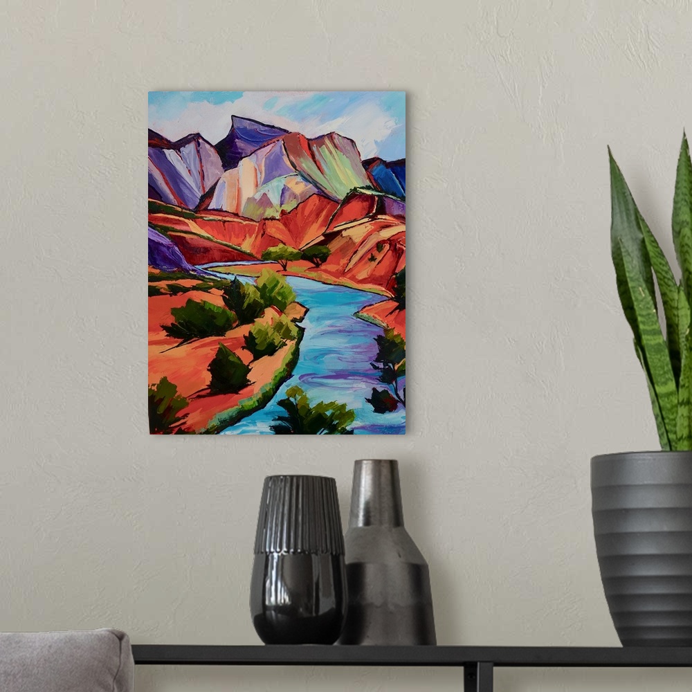 A modern room featuring Chama River in Southwest winding through mountains.