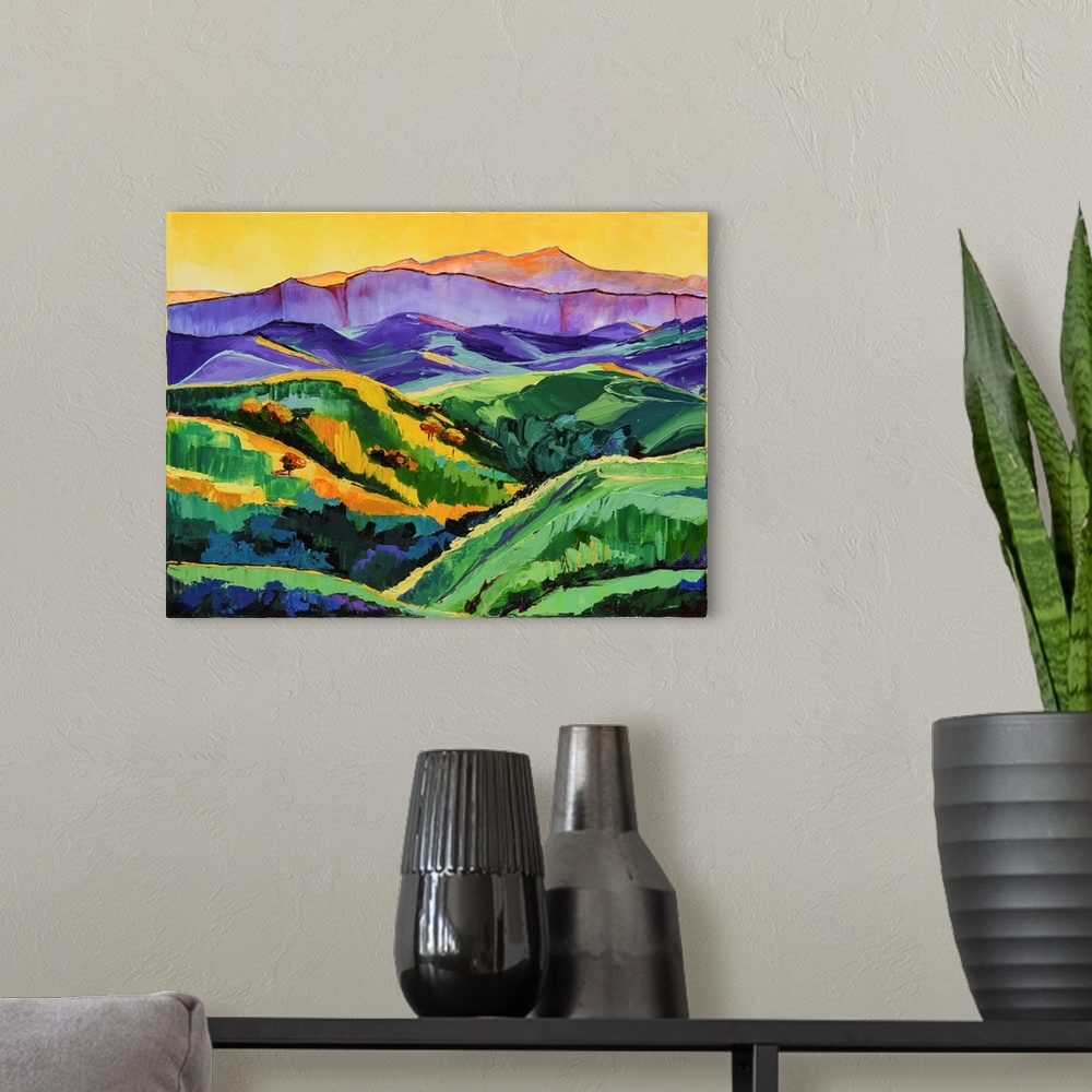 A modern room featuring Scene of verdant mountains and valley.