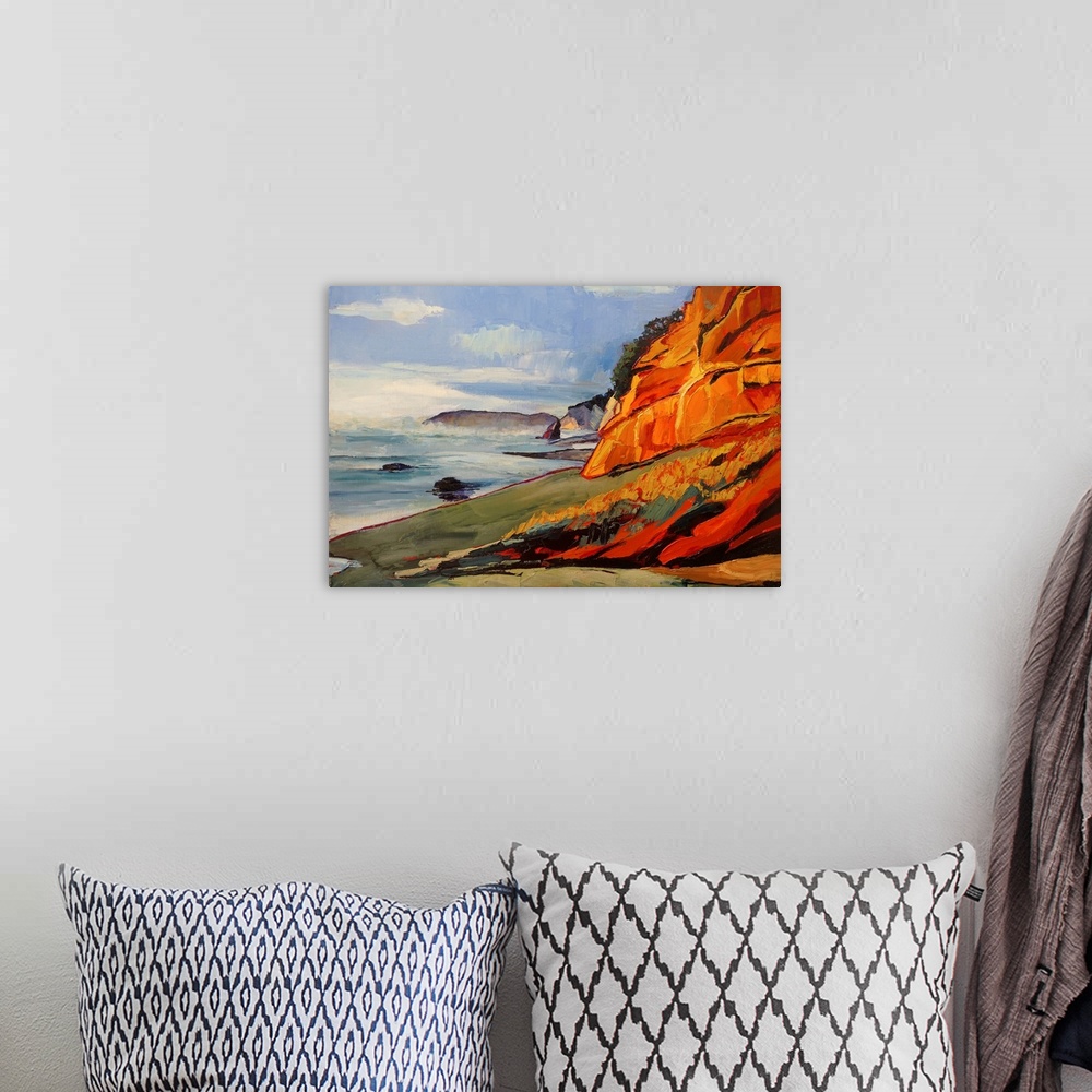 A bohemian room featuring Scene of coast in Oregon with Pacific Ocean and rock formation.
