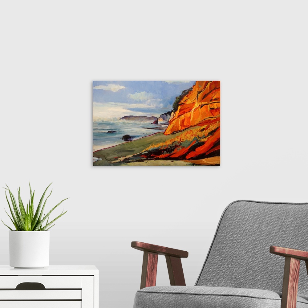 A modern room featuring Scene of coast in Oregon with Pacific Ocean and rock formation.