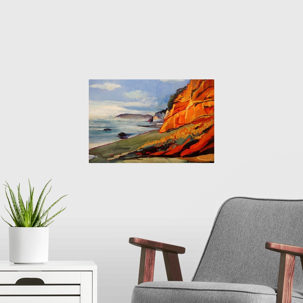 A modern room featuring Scene of coast in Oregon with Pacific Ocean and rock formation.