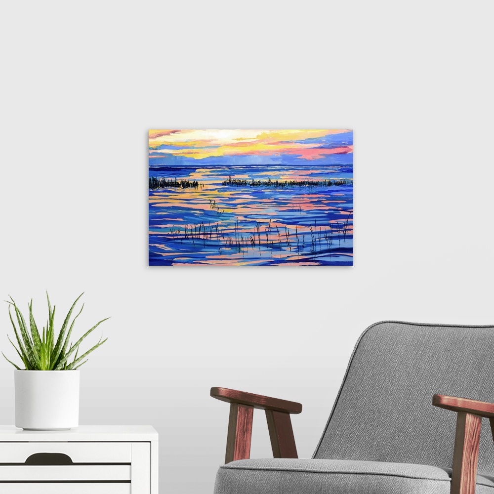 A modern room featuring Sunset over water scene iin Cape Cod.