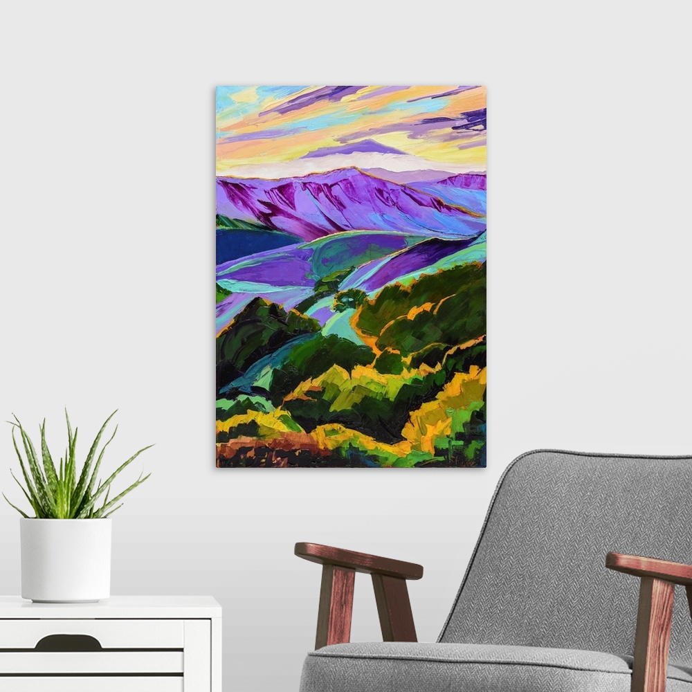 A modern room featuring Purple and green mountains with valleys and forests.