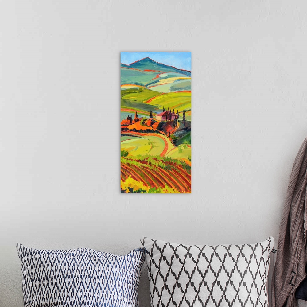 A bohemian room featuring Scene of Tuscan countryside with mountains in distance.