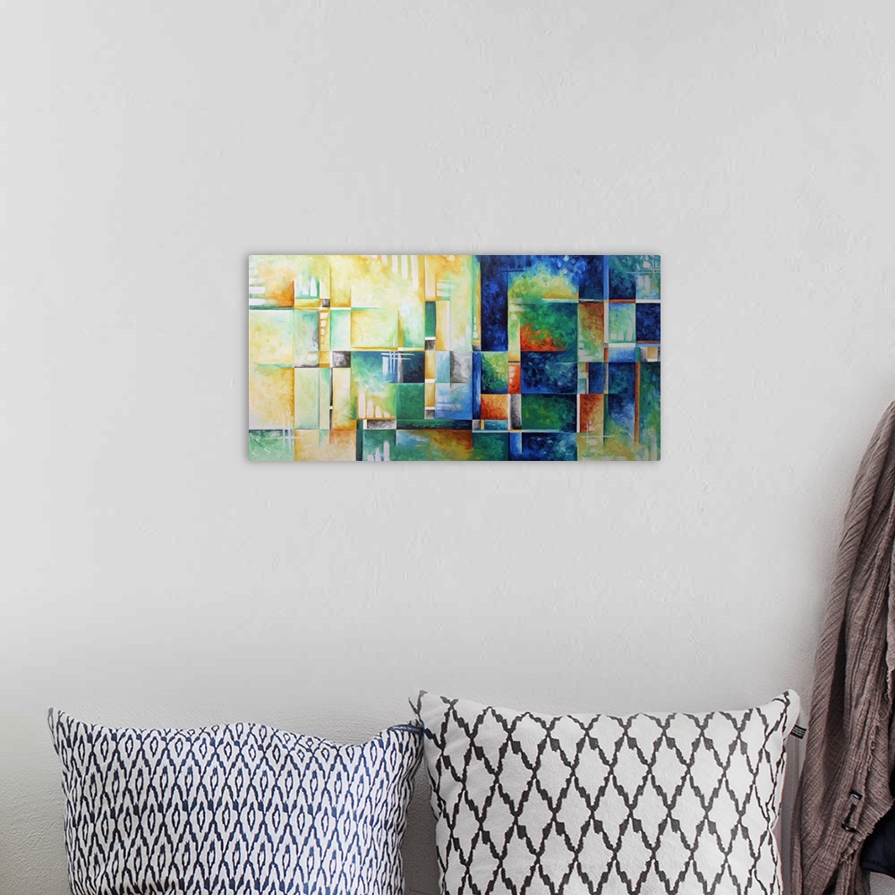 A bohemian room featuring A contemporary abstract painting using a full spectrum of color against a checkered geometric bac...