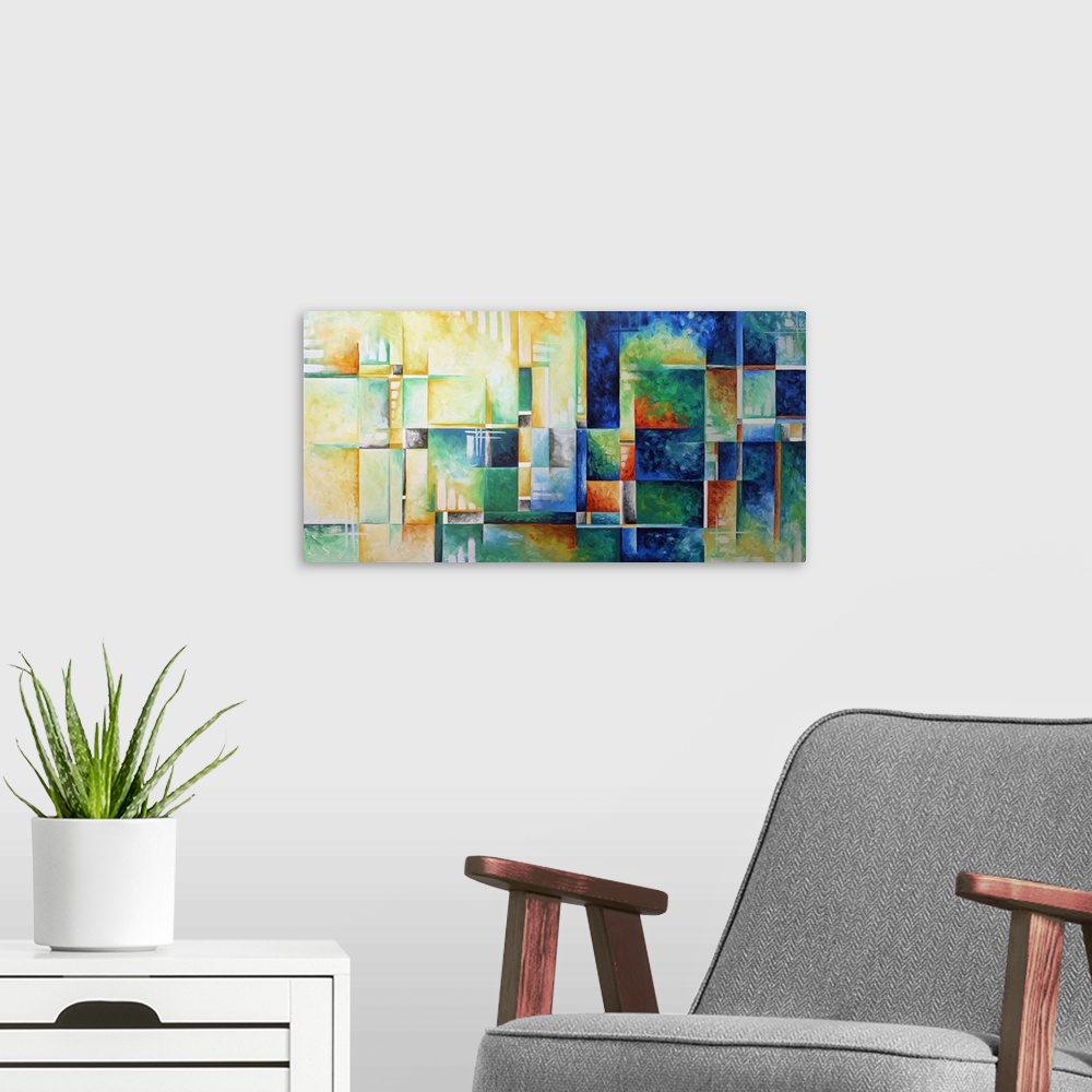 A modern room featuring A contemporary abstract painting using a full spectrum of color against a checkered geometric bac...