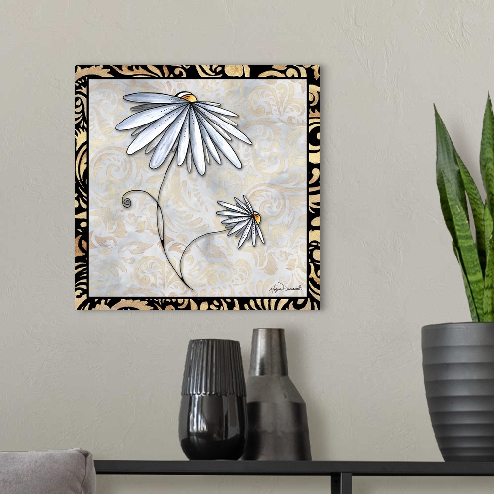 A modern room featuring A decorative panel featuring a painting of two daisy flowers with a damask border.