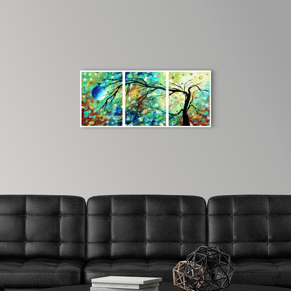 A modern room featuring A painted crooked tree leaning towards a full blue moon with colorful circle stars in the sky.  B...