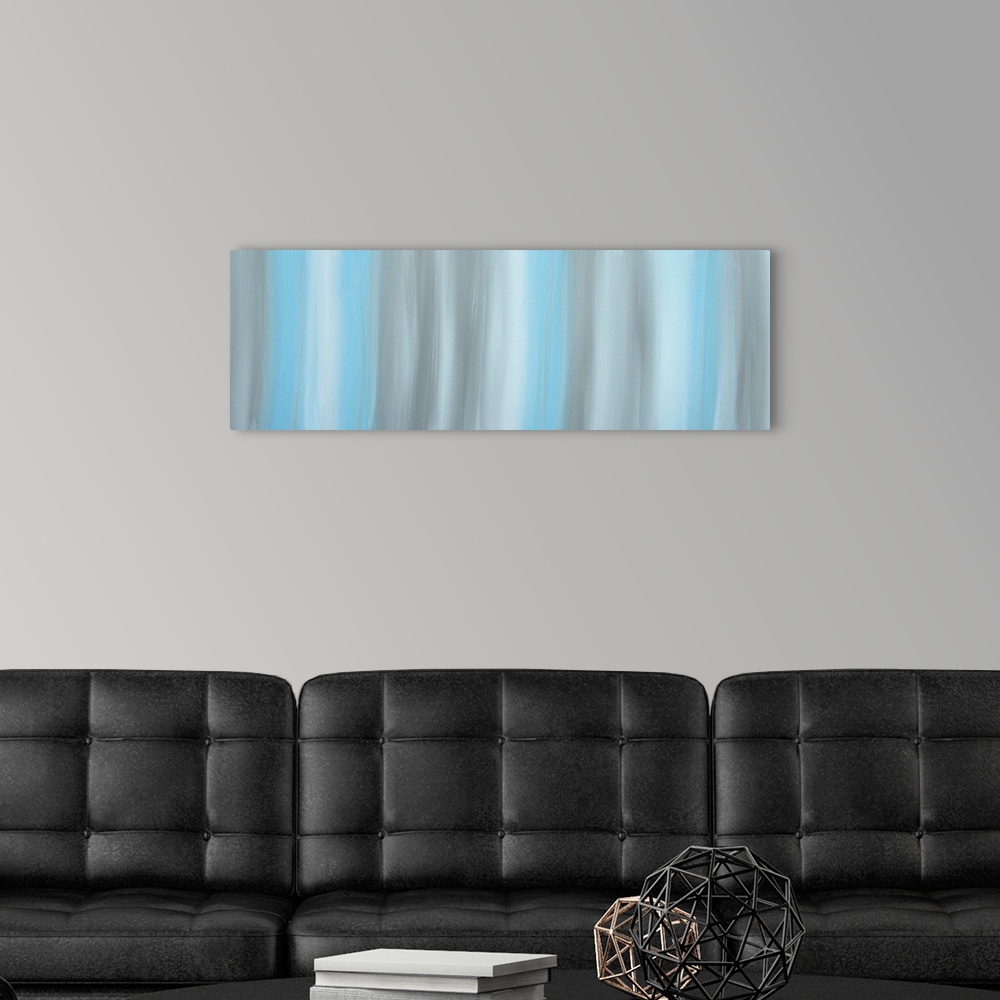 A modern room featuring Contemporary abstract panoramic painting of vertical stripes in neutral colors.