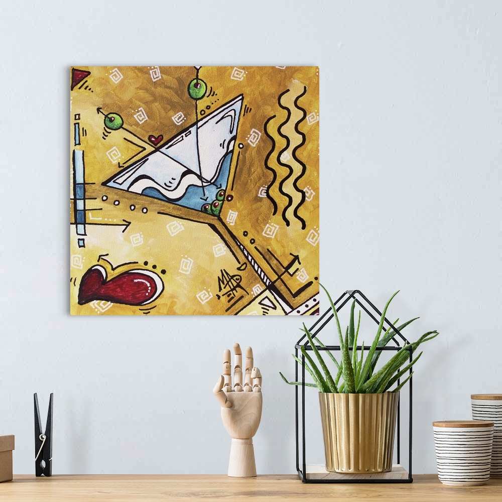 A bohemian room featuring Contemporary painting of a martini glass with olives on a funky golden background.