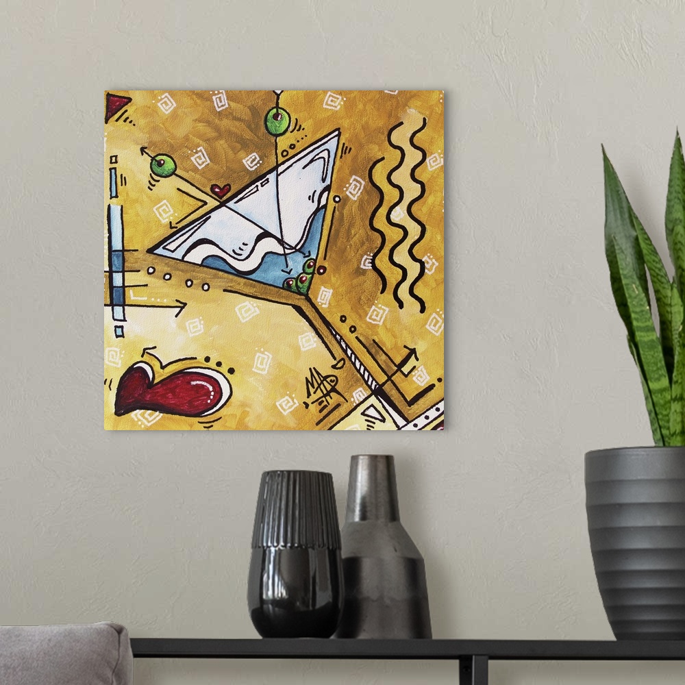 A modern room featuring Contemporary painting of a martini glass with olives on a funky golden background.