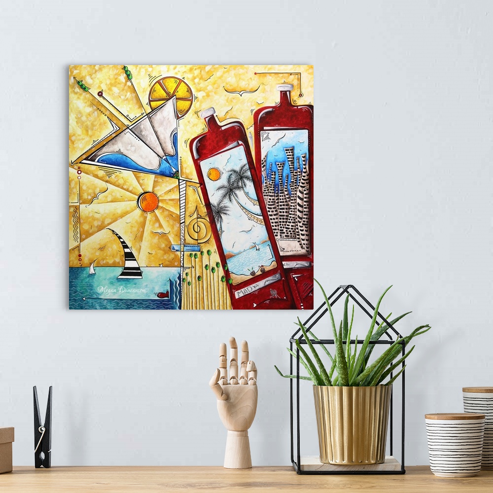 A bohemian room featuring Contemporary artwork of two bottles with a martini with lemon, against a coastal scene with a sai...