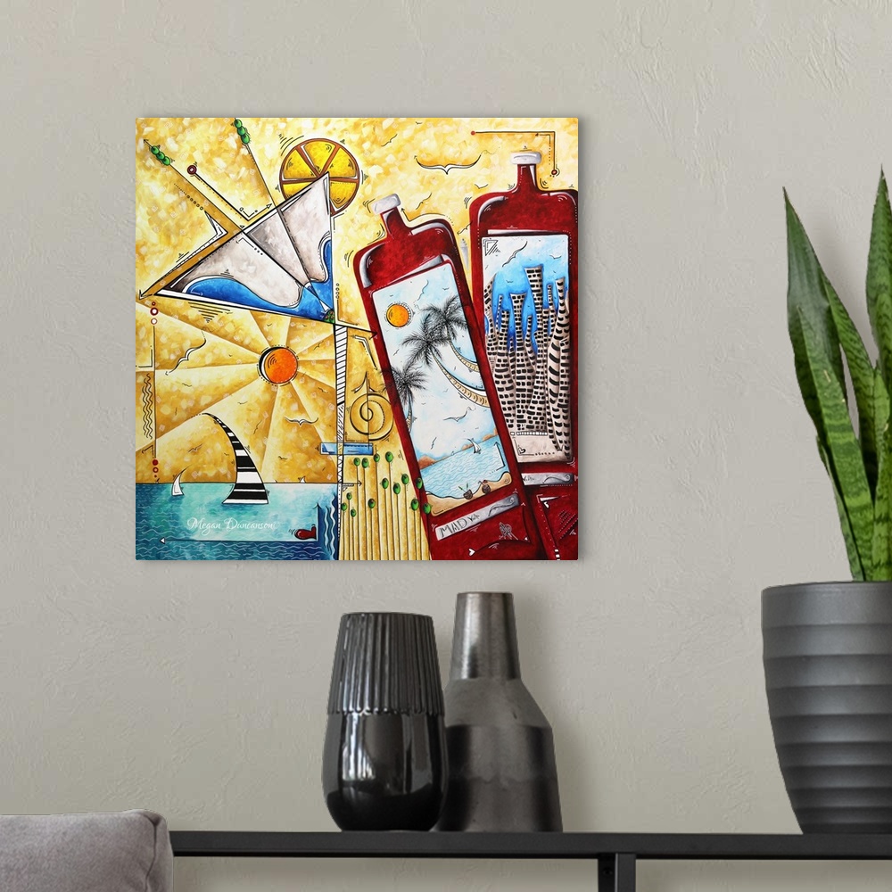 A modern room featuring Contemporary artwork of two bottles with a martini with lemon, against a coastal scene with a sai...