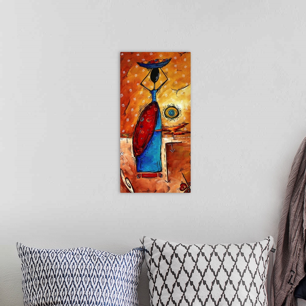 A bohemian room featuring Abstract artwork of an African woman holding a bowl of fruit on her head.