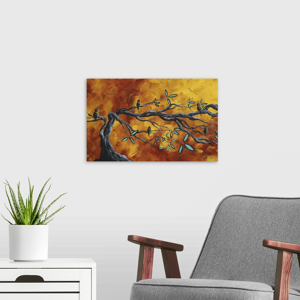 A modern room featuring Canvas painting of five birds sitting on tree branches with a warm sunset made up of broad brush ...