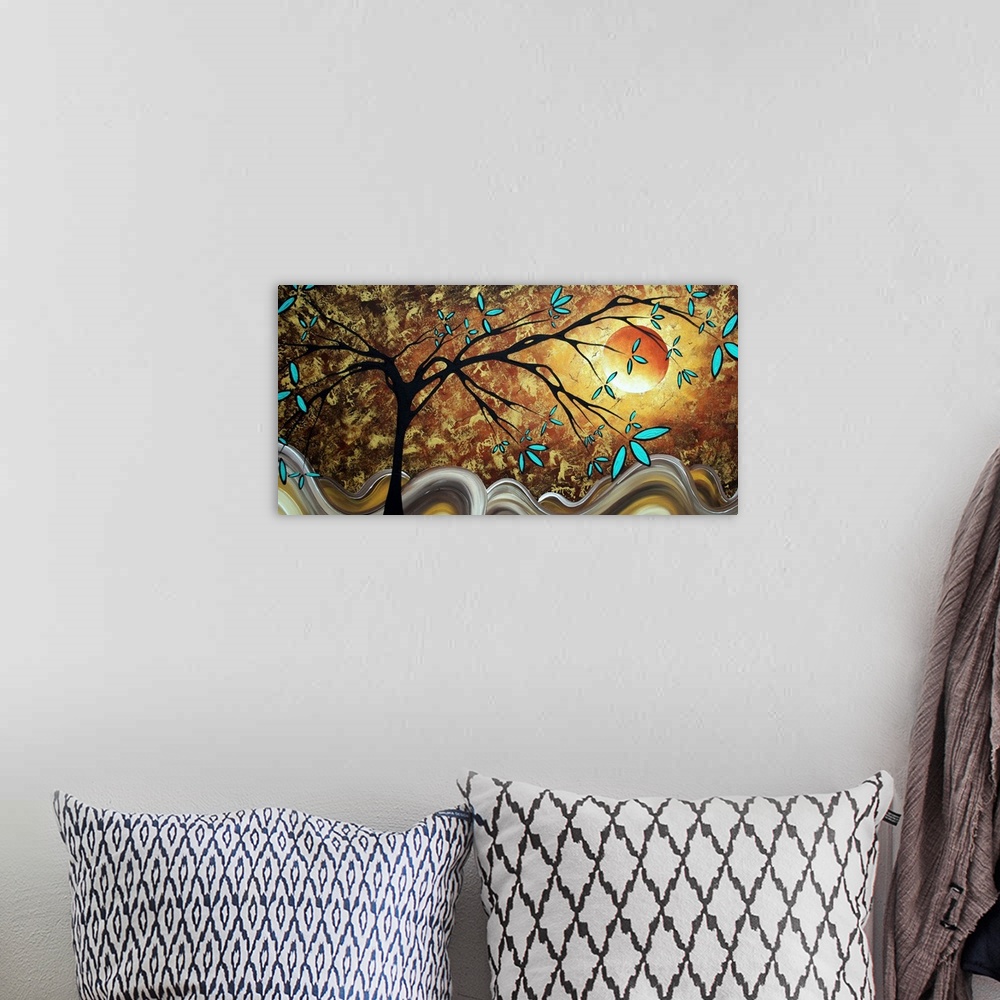 A bohemian room featuring Whimsical contemporary artwork of a thin tree in front of wavy hills, under a shining harvest moo...
