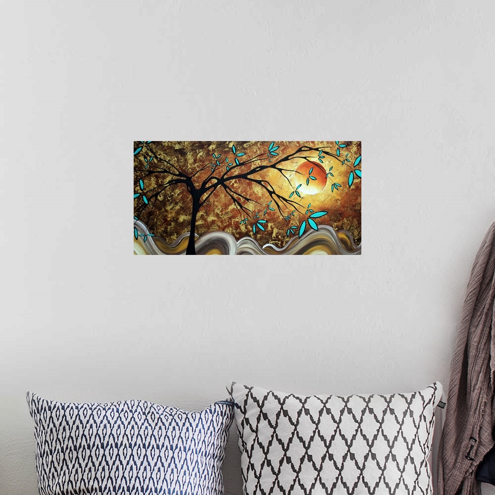 A bohemian room featuring Whimsical contemporary artwork of a thin tree in front of wavy hills, under a shining harvest moo...