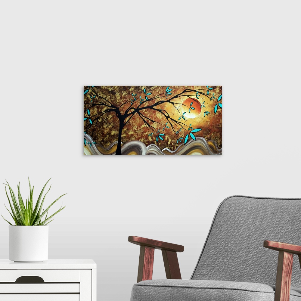 A modern room featuring Whimsical contemporary artwork of a thin tree in front of wavy hills, under a shining harvest moo...