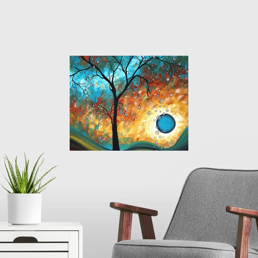 A modern room featuring This is an abstract painting of a silhouetted tree in front of a multi-hued psychedelic landscape.