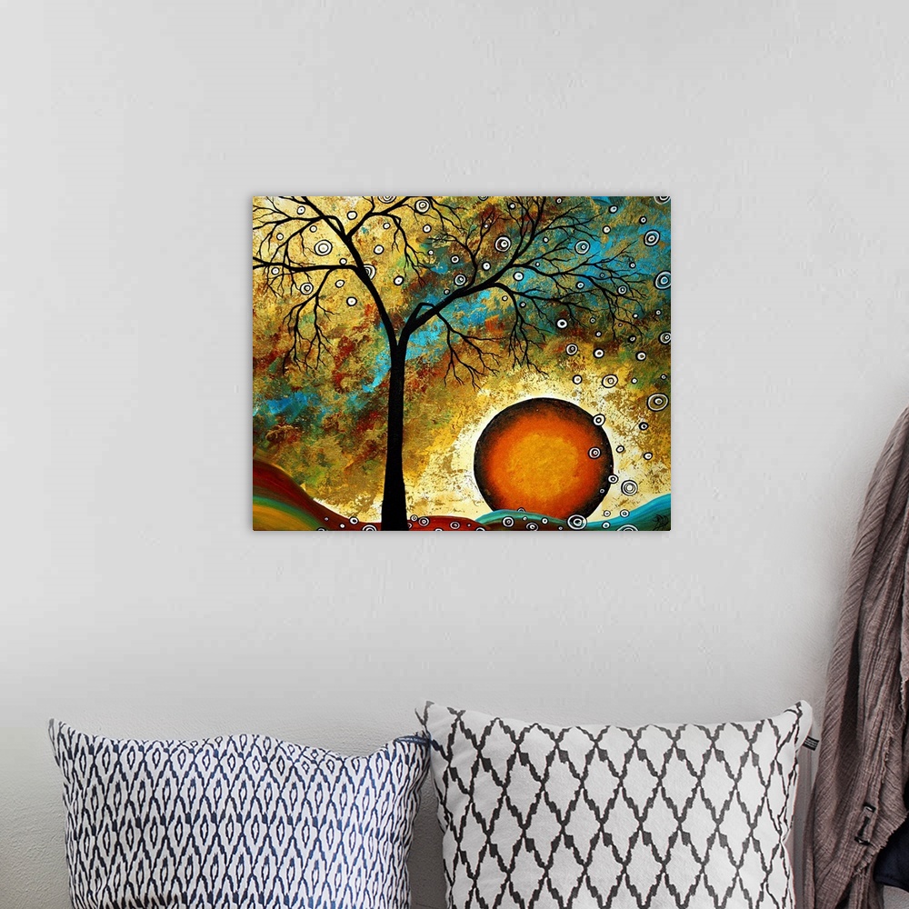 A bohemian room featuring This wall art is a surreal contemporary painting of a silhouetted tree and a sun like orb falling...