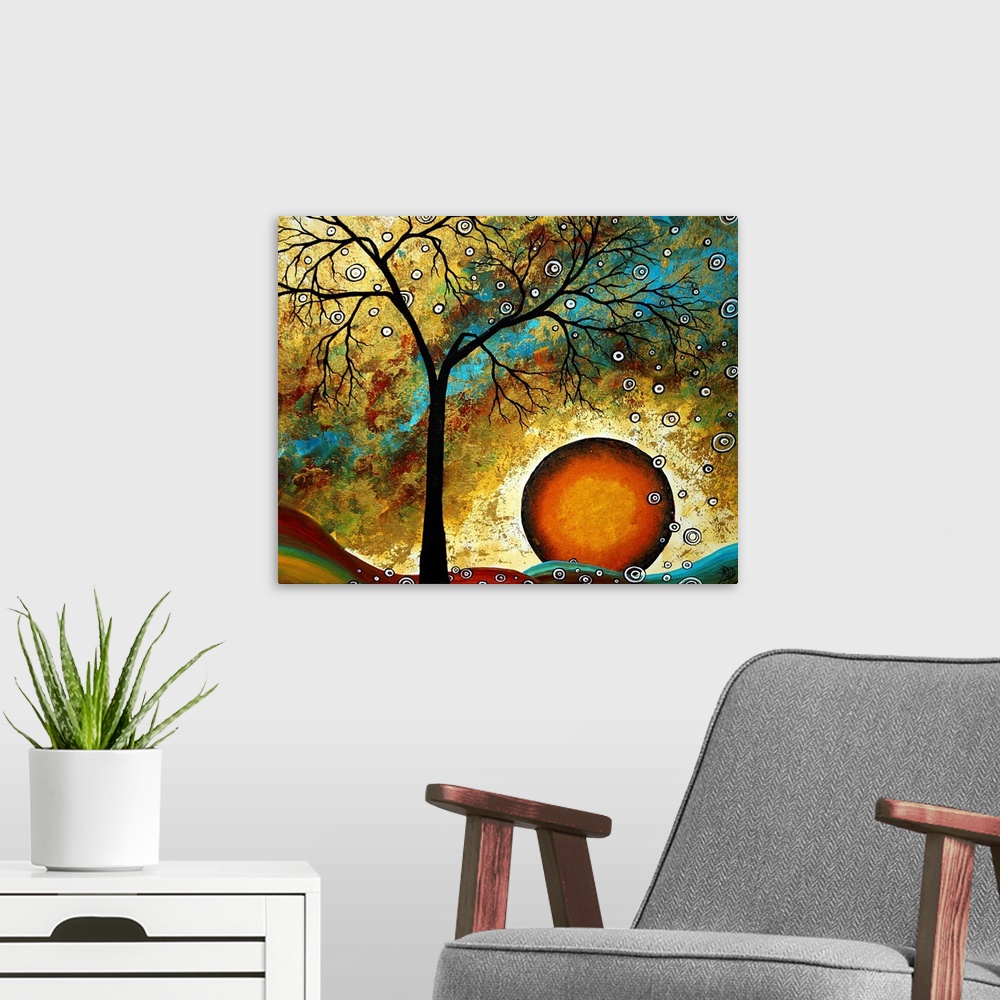A modern room featuring This wall art is a surreal contemporary painting of a silhouetted tree and a sun like orb falling...