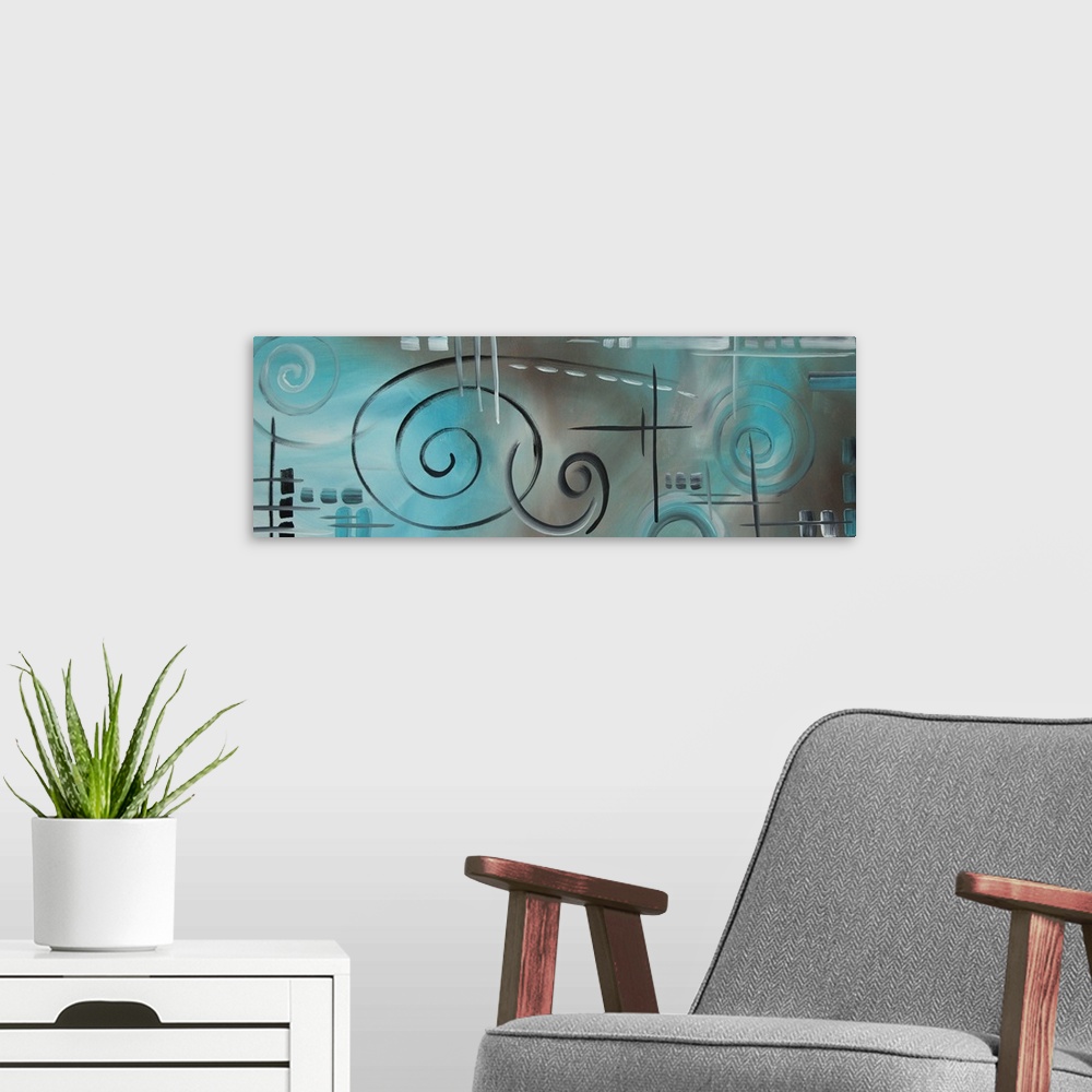 A modern room featuring Oversized, landscape contemporary artwork of curling swirls of different sizes, and random intere...