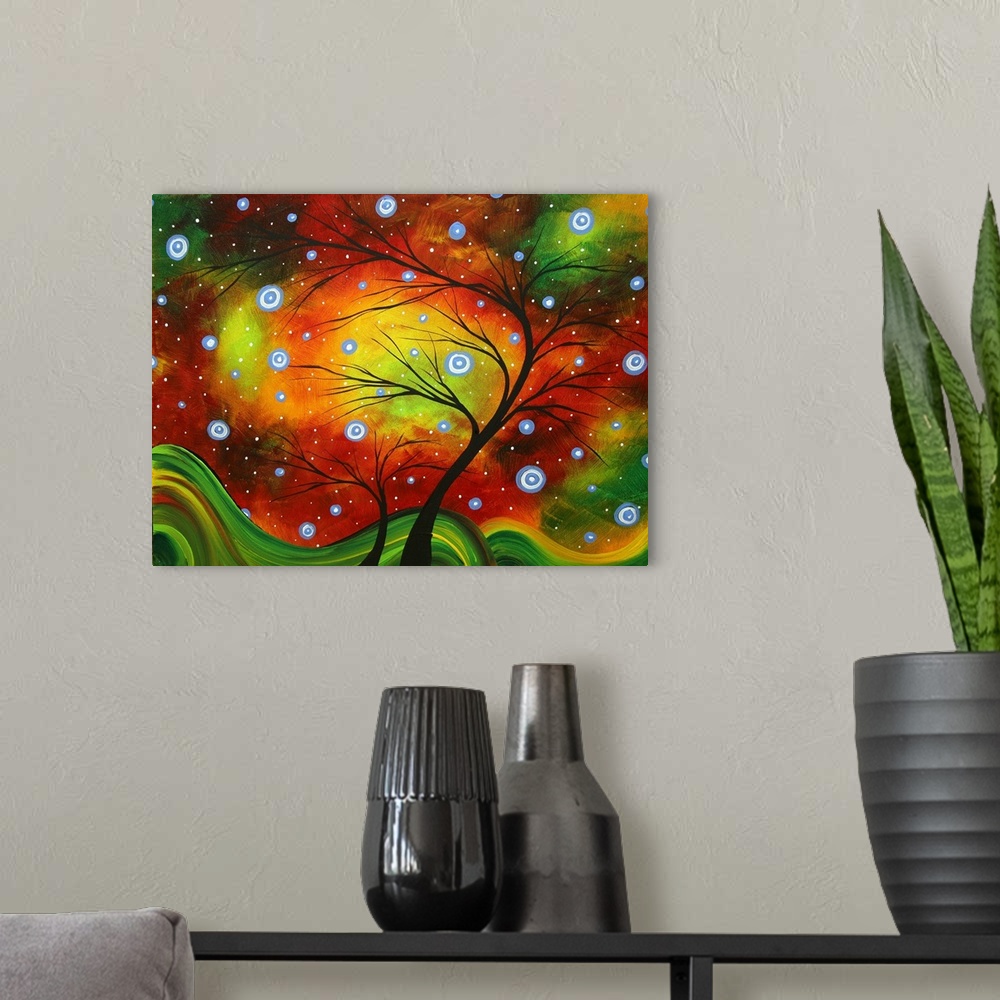 A modern room featuring This surreal painting shows a silhouetted tree painted over a background of swirling colors and e...