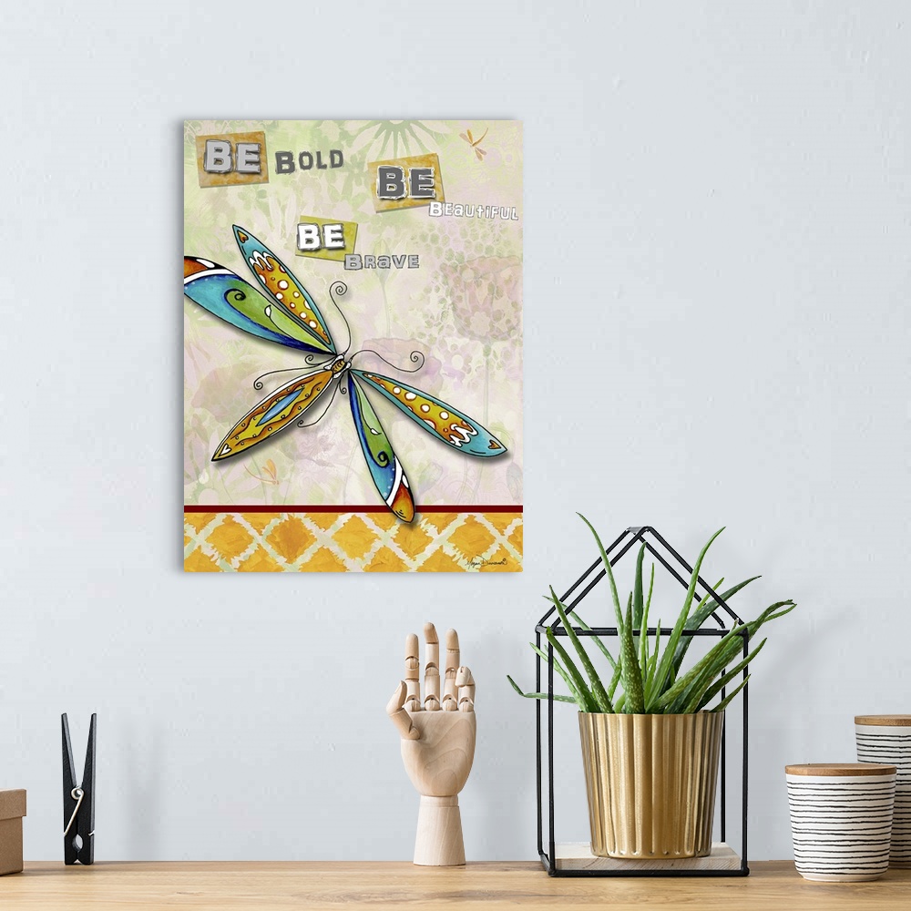 A bohemian room featuring Inspirational decor artwork of a fantasy dragonfly with multicolored wings.