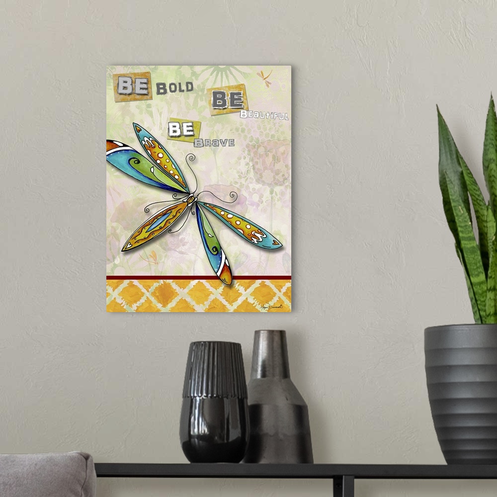A modern room featuring Inspirational decor artwork of a fantasy dragonfly with multicolored wings.
