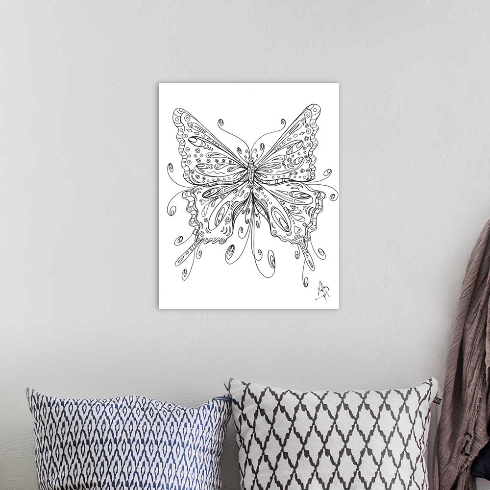 A bohemian room featuring Black and white line art of a butterfly with large, patterned wings.