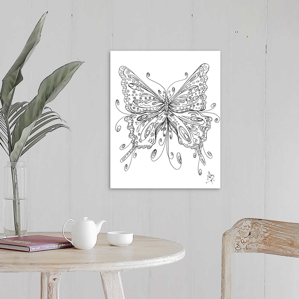 A farmhouse room featuring Black and white line art of a butterfly with large, patterned wings.