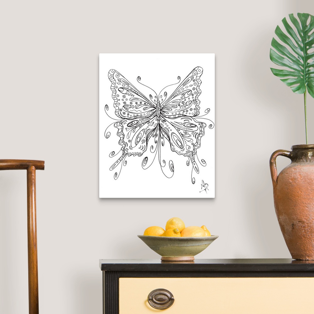 A traditional room featuring Black and white line art of a butterfly with large, patterned wings.