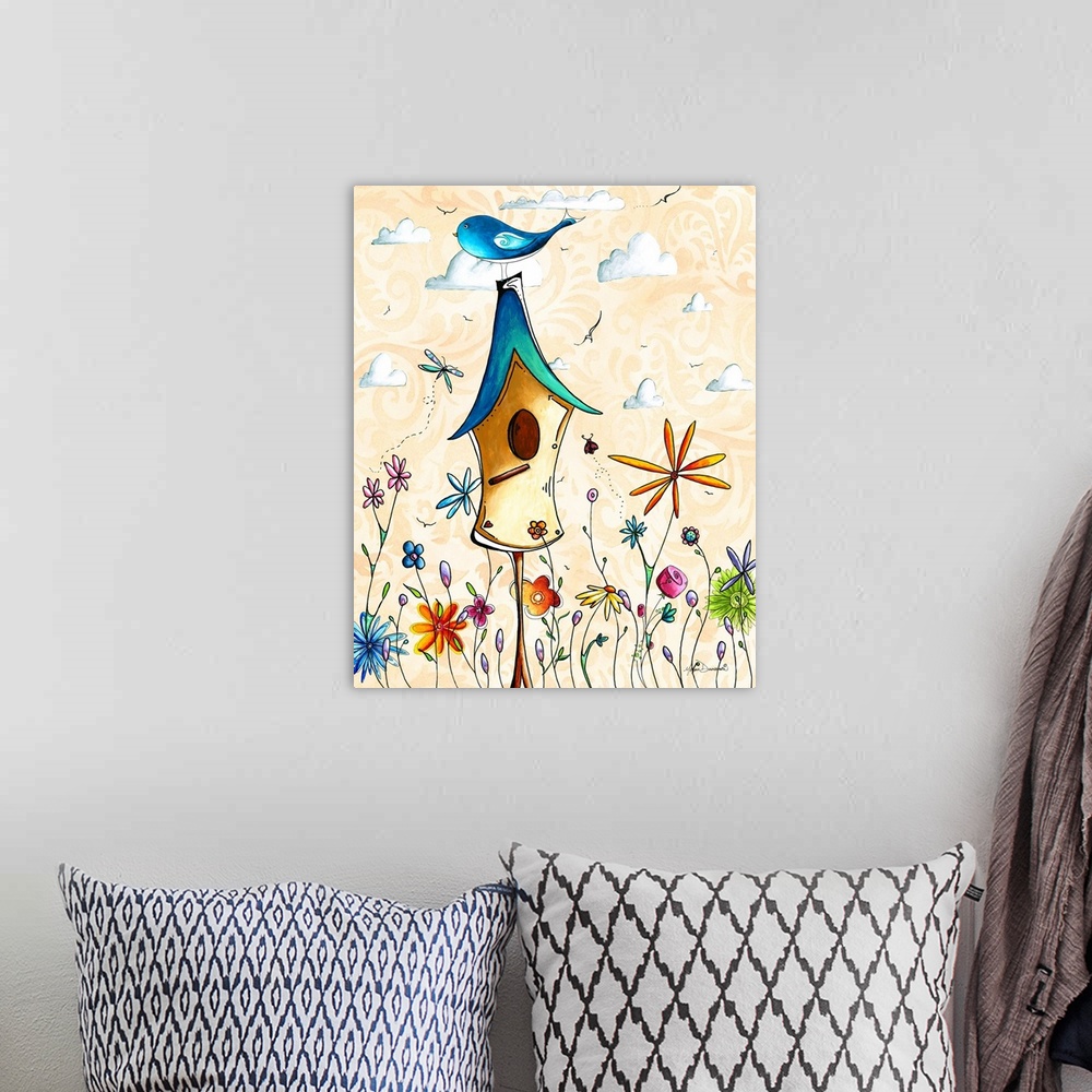 A bohemian room featuring Charming illustration of a little bird sitting on top of a colorful bird house in a field of flow...