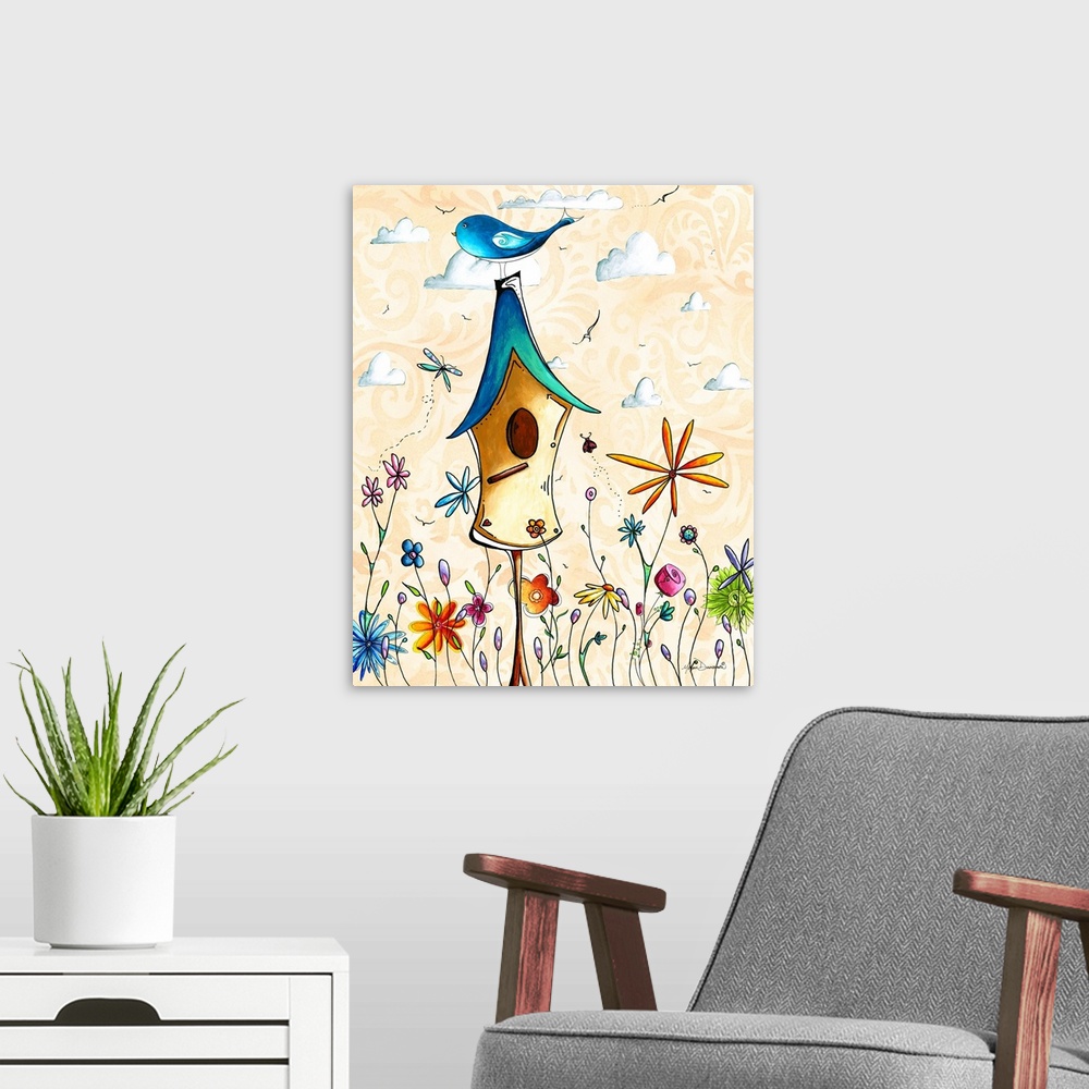 A modern room featuring Charming illustration of a little bird sitting on top of a colorful bird house in a field of flow...
