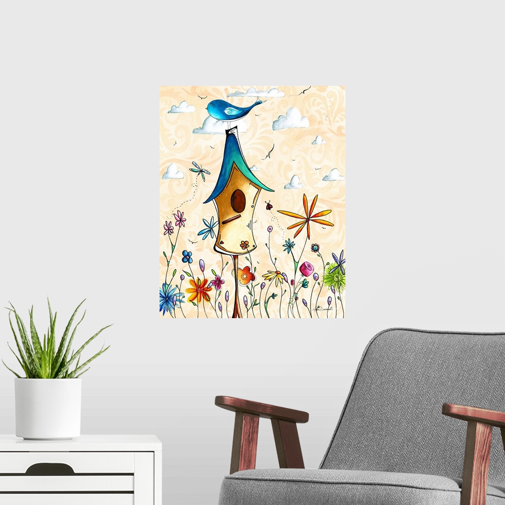 A modern room featuring Charming illustration of a little bird sitting on top of a colorful bird house in a field of flow...