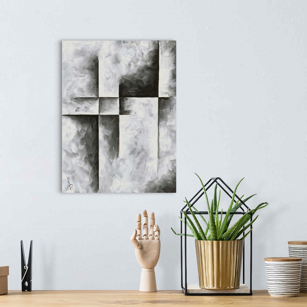 A bohemian room featuring Contemporary abstract painting in grey and black shades.