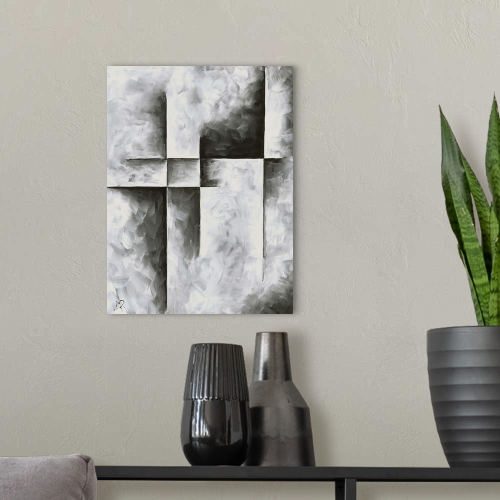 A modern room featuring Contemporary abstract painting in grey and black shades.