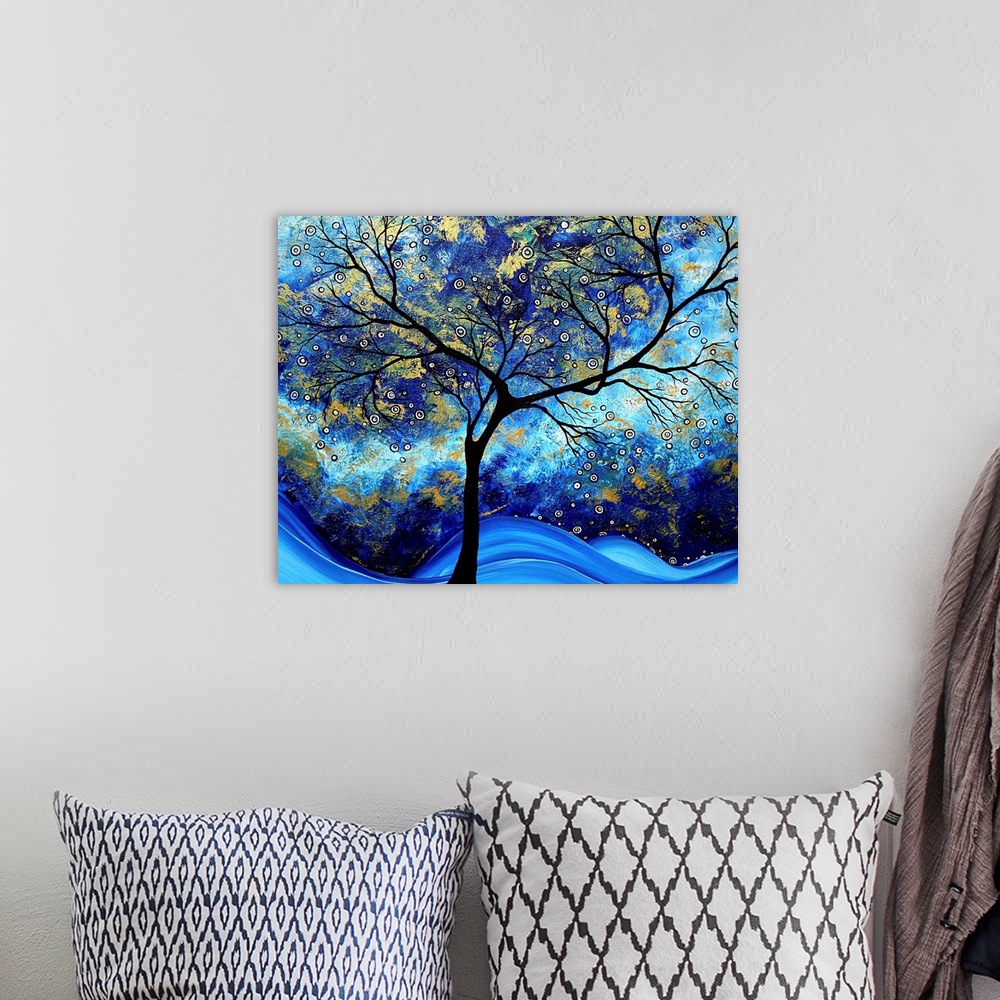 A bohemian room featuring Contemporary abstract painting of tree silhouette with tie-dye background.  There are also small ...