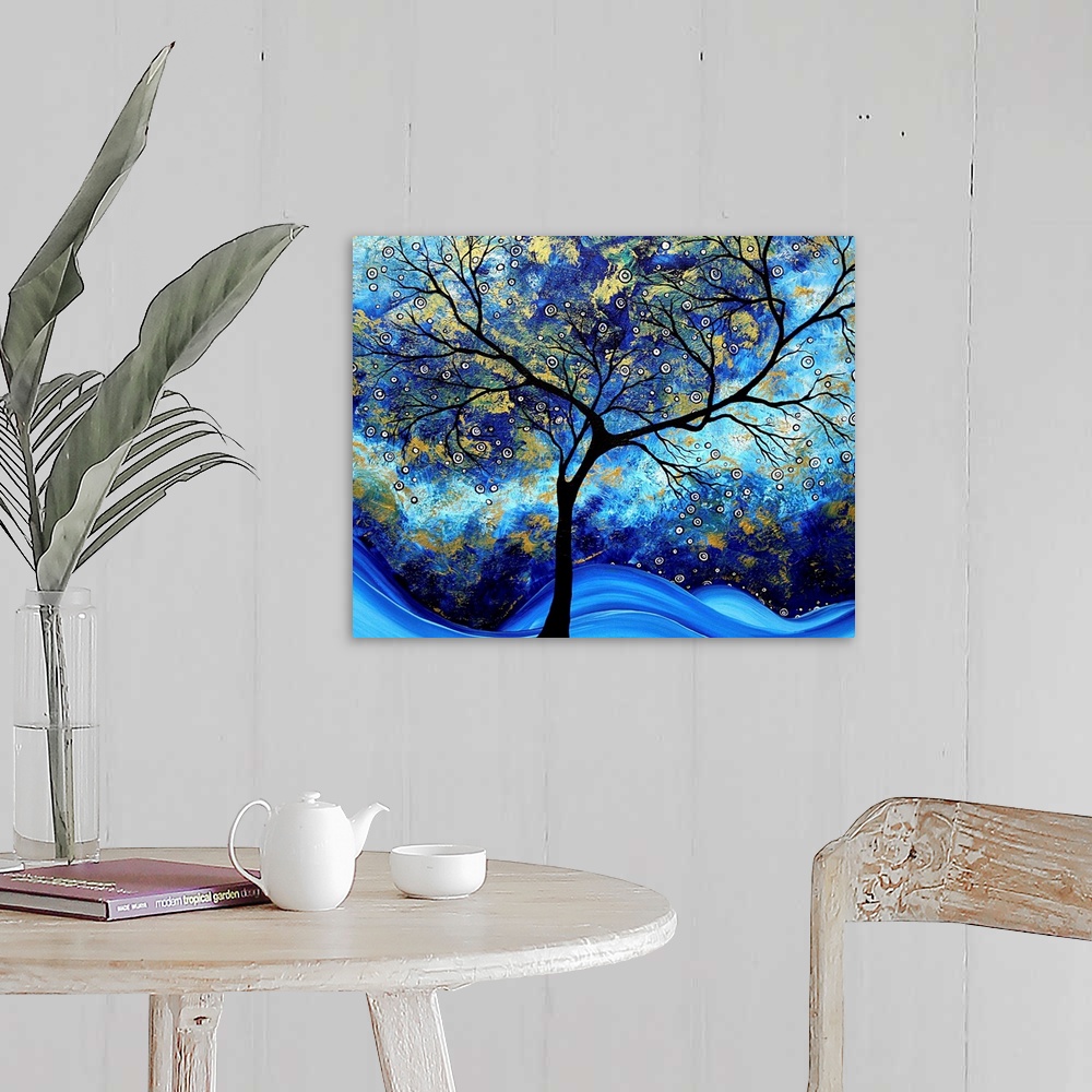 A farmhouse room featuring Contemporary abstract painting of tree silhouette with tie-dye background.  There are also small ...