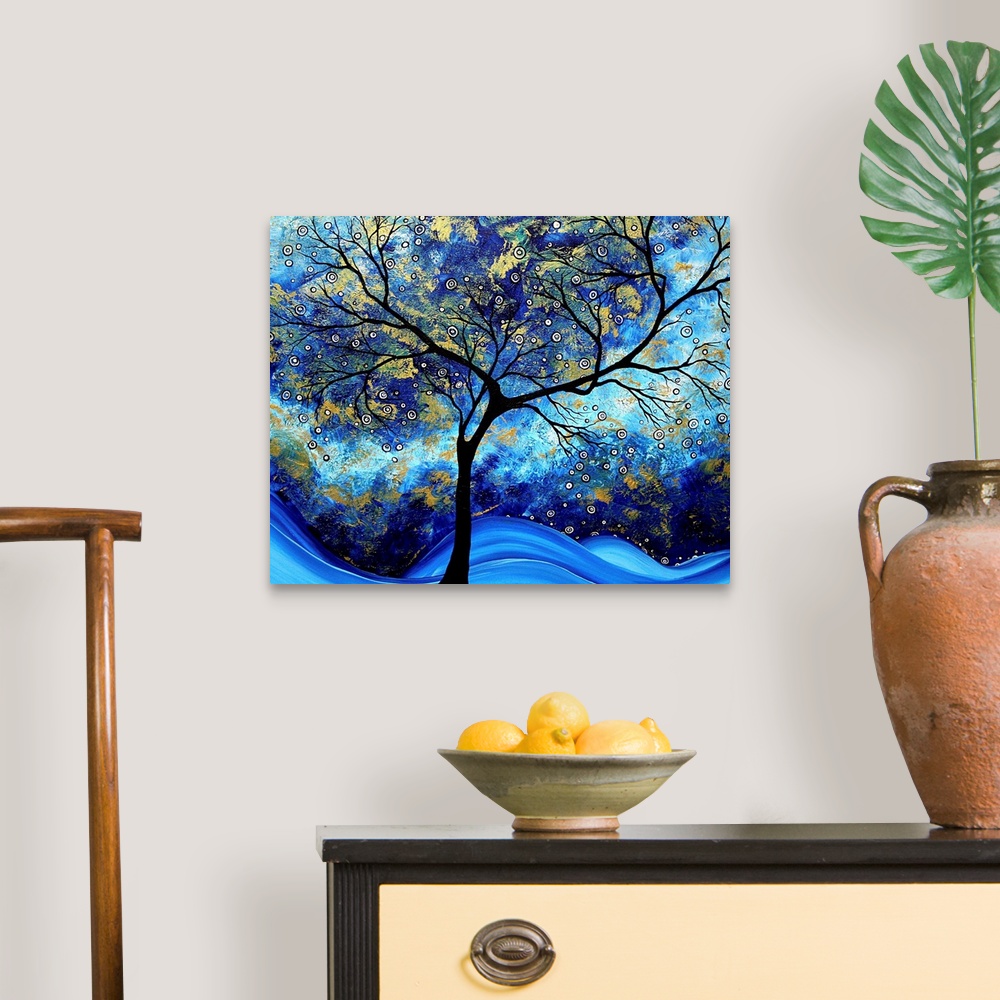 A traditional room featuring Contemporary abstract painting of tree silhouette with tie-dye background.  There are also small ...