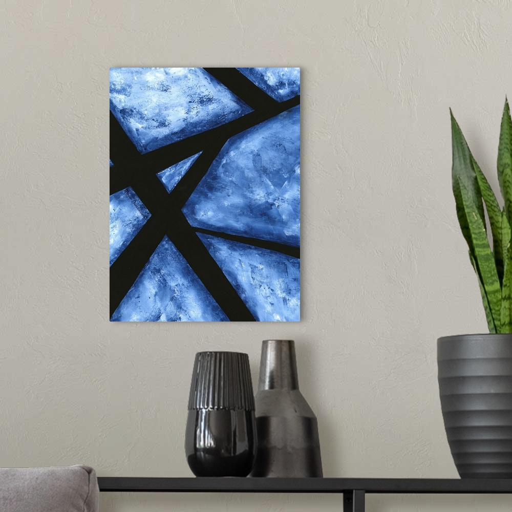 A modern room featuring A contemporary abstract painting that has minimal white background covered with dark blue hues an...
