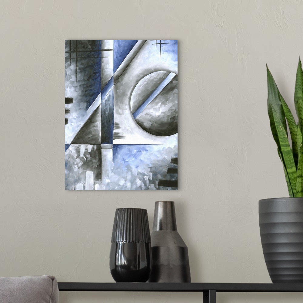 A modern room featuring A contemporary abstract painting using angular shapes and blue and gray textures.