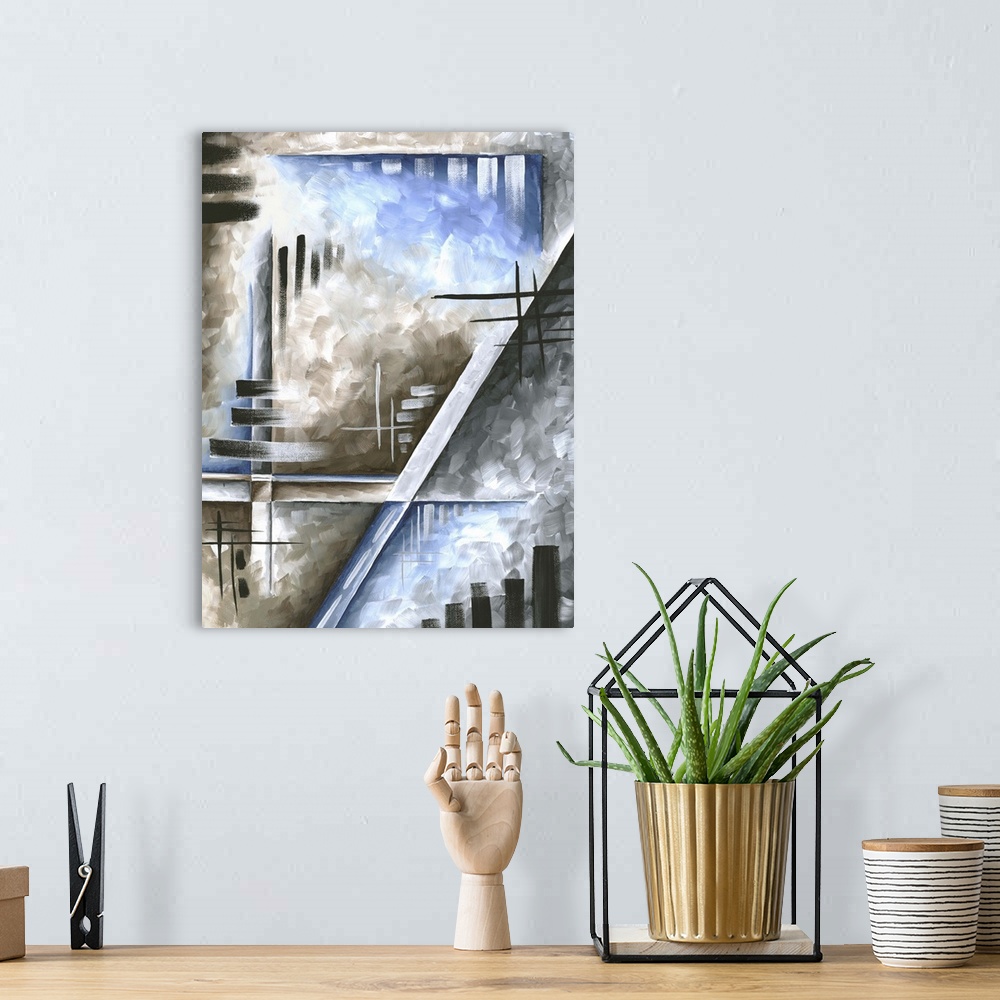 A bohemian room featuring A contemporary abstract painting using angular shapes and blue and gray textures.