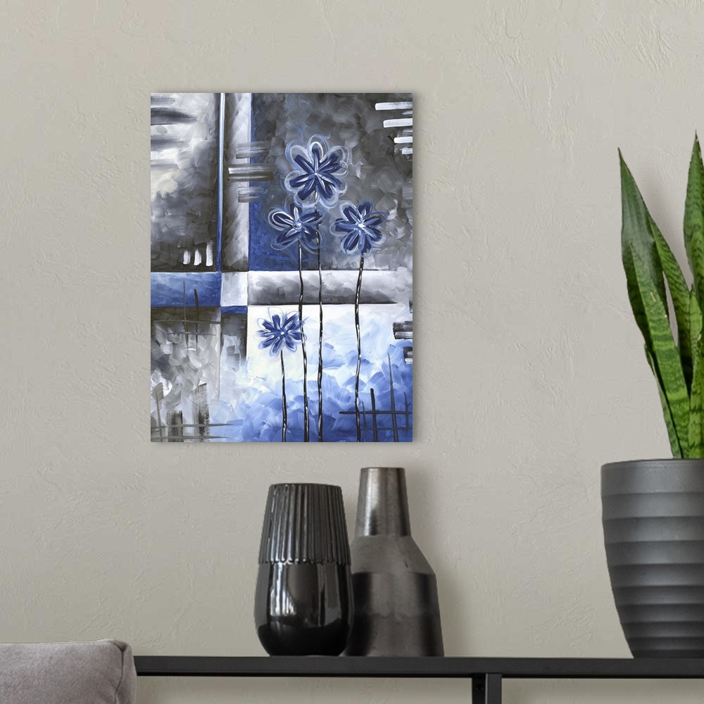 A modern room featuring A contemporary abstract painting using angular shapes and blue and gray textures.