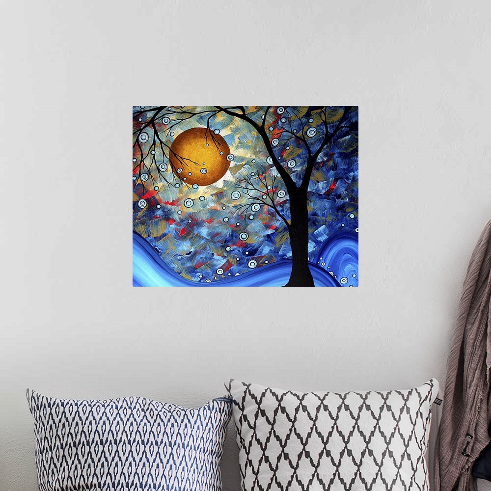 A bohemian room featuring Abstract artwork perfect for the home or office of a silhouetted tree that has small blue circles...