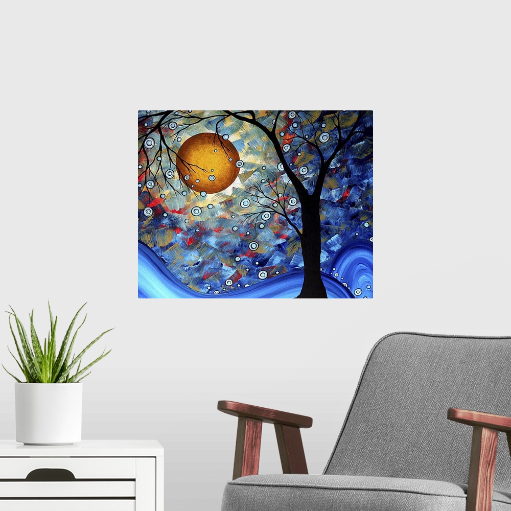 A modern room featuring Abstract artwork perfect for the home or office of a silhouetted tree that has small blue circles...