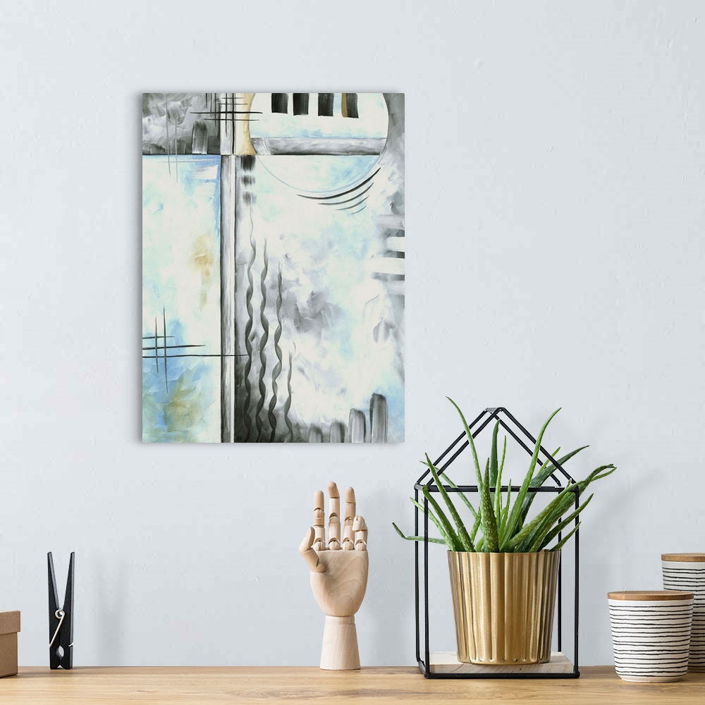 A bohemian room featuring Contemporary abstract painting using pale muted teal and bold contrasting colors.