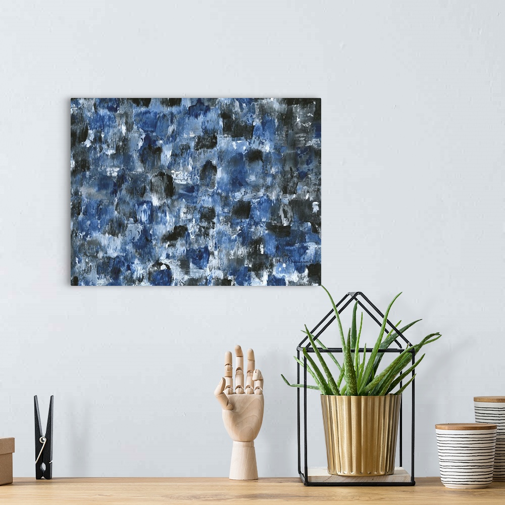 A bohemian room featuring A contemporary abstract painting that has short and stout dark blue, black, white and gray brushs...
