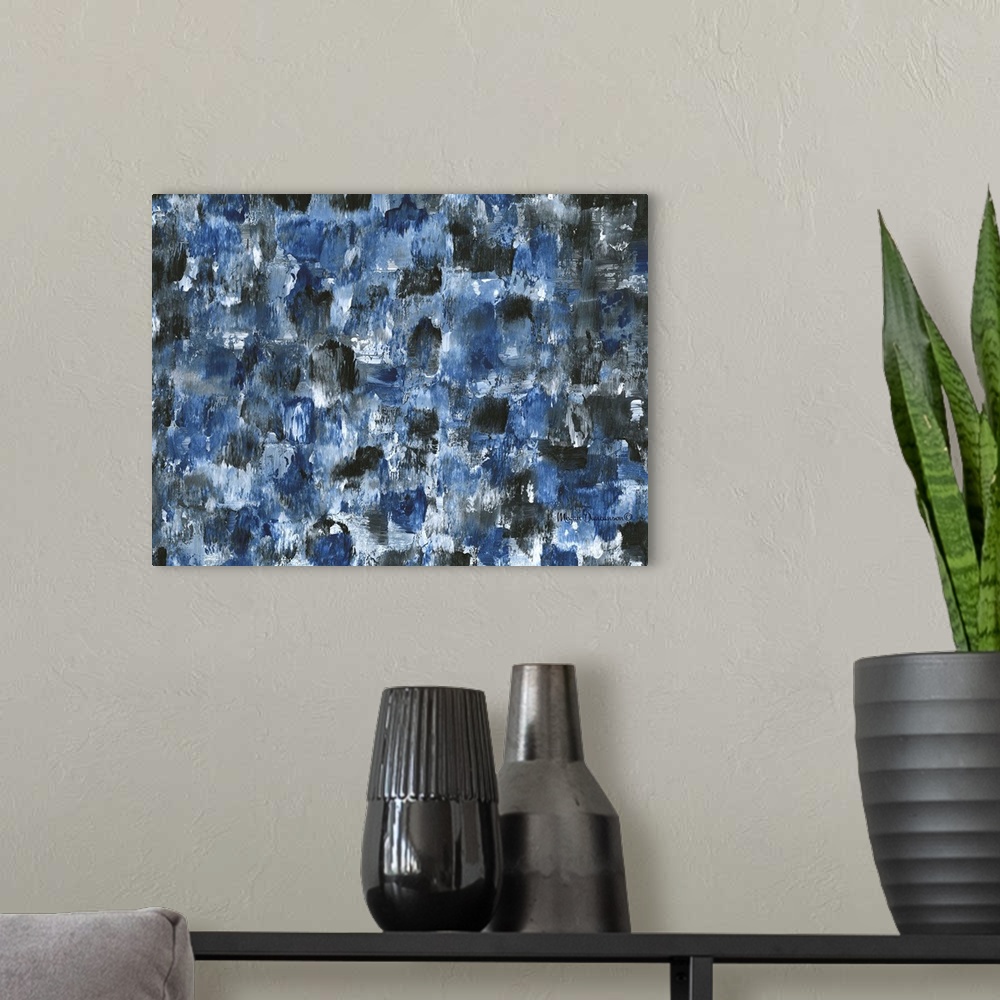 A modern room featuring A contemporary abstract painting that has short and stout dark blue, black, white and gray brushs...