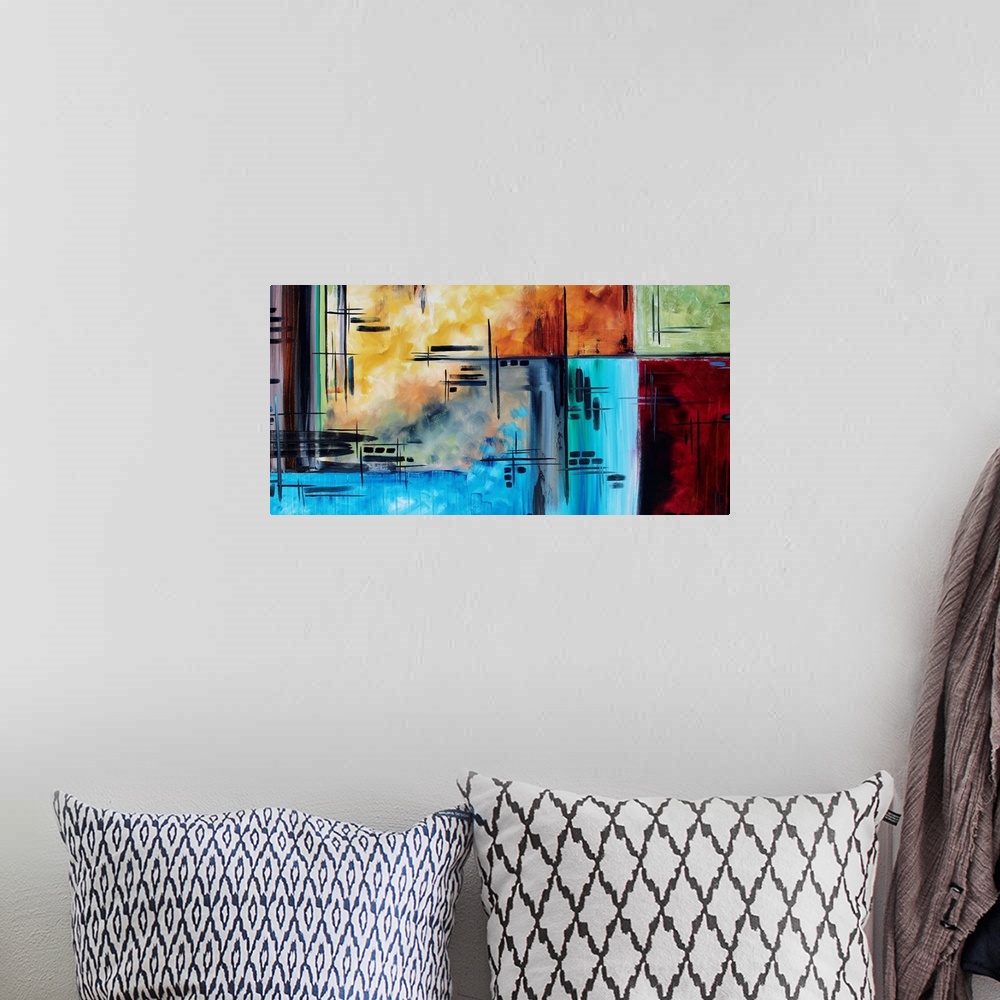 A bohemian room featuring Abstract art of blocks of color with lines and dashes throughout the piece.